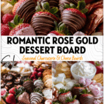 A Rose Gold Charcuterie Board featuring chocolate covered strawberries and assorted sweet treats for Valentine’s Day.